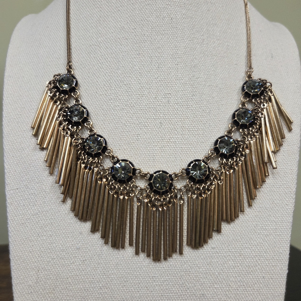 Faceted Glass and Enamel Brassy Fringe Statement Necklace